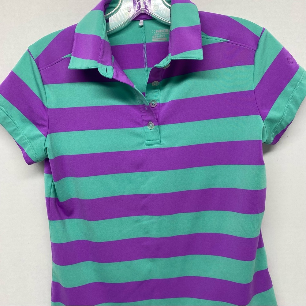Nike Golf Collared Shirt Kids Large Striped Short Sleeve Purple Green Casual - Picture 2 of 9